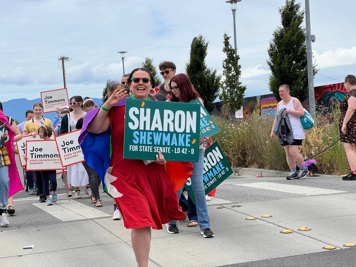 State Rep. Sharon Shewmake walks in the Bellingham Pride parade Sunday, July 17. Shewmake, D-Bellingham, an economics professor at Western Washington University, is leaving her 42nd District House Position 2 seat to run for state Senate in the district.