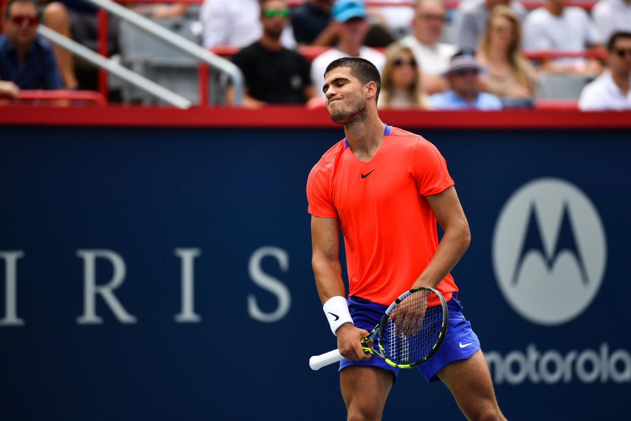 MONTREAL, QUEBEC - AUGUST 10:  Carlos Alcaraz of Spain reacts after losing a point against Tommy Paul of the United States during Day 5 of the National Bank Open at Stade IGA on August 10, 2022 in Montreal, Canada.  (Photo by Minas Panagiotakis/Getty Images)