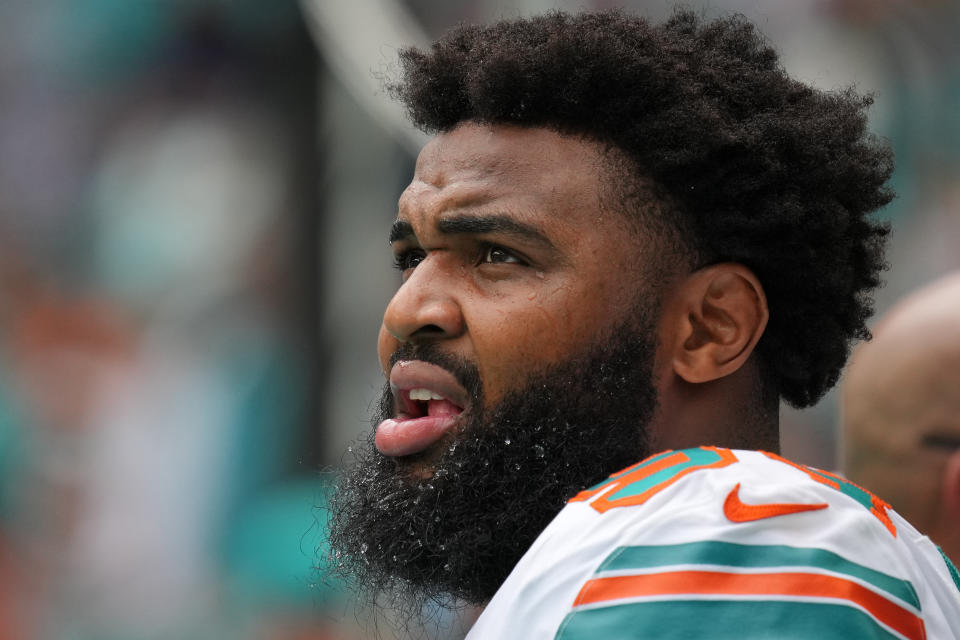 MIAMI GARDENS, FLORIDA - OCTOBER 03: Christian Wilkins #94 of the Miami Dolphins on the sidelines during the first quarter in the game against the Indianapolis Colts at Hard Rock Stadium on October 03, 2021 in Miami Gardens, Florida. (Photo by Mark Brown/Getty Images)