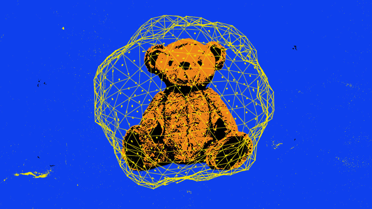 Photo illustration of a teddy bear caught in a net.