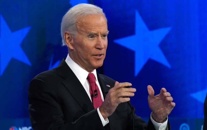 Former Vice President Joe Biden speaks during the U.S. Democratic presidential candidates debate at the Tyler Perry Studios in Atlanta