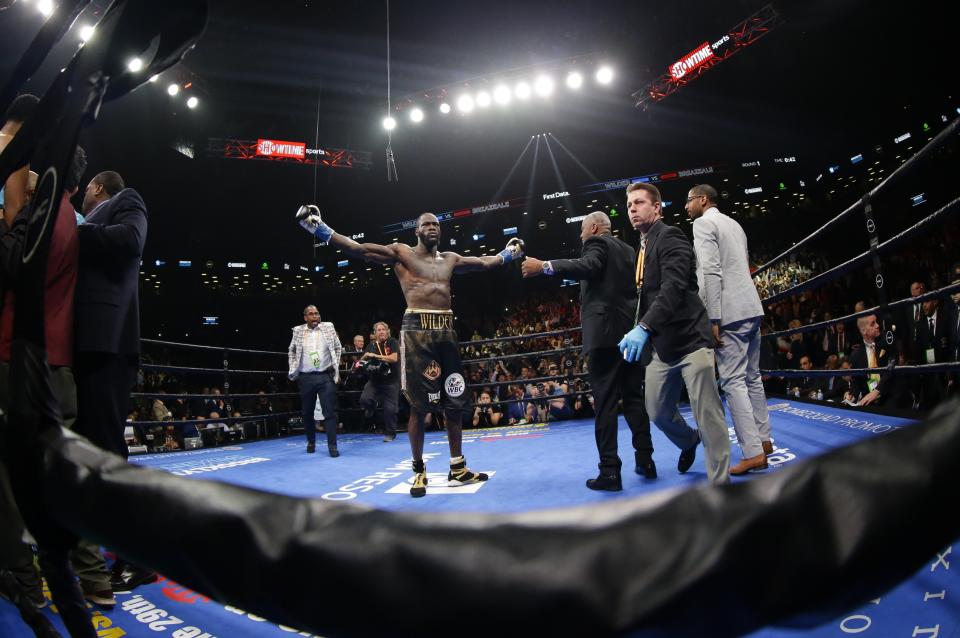 Deontay Wilder celebrates after the WBC heavyweight championship boxing match against Dominic Breazeale on Saturday, May 18, 2019, in New York. Wilder won in the first round. (AP Photo/Frank Franklin II)