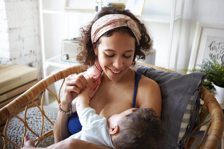 <span class="caption">Breastfeeding allows babies to self-regulate.</span> <span class="attribution"><a class="link " href="https://www.shutterstock.com/image-photo/horizontal-shot-happy-young-mixed-race-1104404429" rel="nofollow noopener" target="_blank" data-ylk="slk:shurkin_son/Shutterstock;elm:context_link;itc:0;sec:content-canvas">shurkin_son/Shutterstock</a></span>