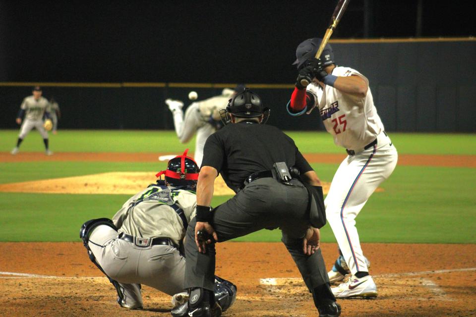 Jacksonville Jumbo Shrimp batter Griffin Conine (25) awaits a pitch against the Gwinnett Stripers during Opening Day.