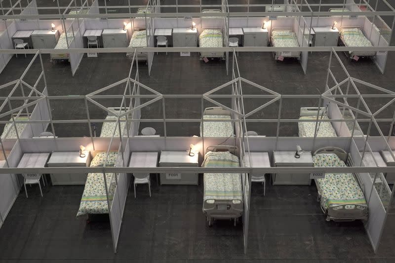 Exhibition hall that has been converted into a makeshift treatment facility to treat patients of the coronavirus disease (COVID-19) is pictured in Hong Kong