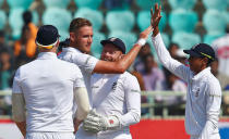 Cricket - India v England - Second Test cricket match - Dr. Y.S. Rajasekhara Reddy ACA-VDCA Cricket Stadium, Visakhapatnam, India - 20/11/16. England's Stuart Broad (2nd L) celebrates the dismissal of India's Ravichandran Ashwin. REUTERS/Danish Siddiqui