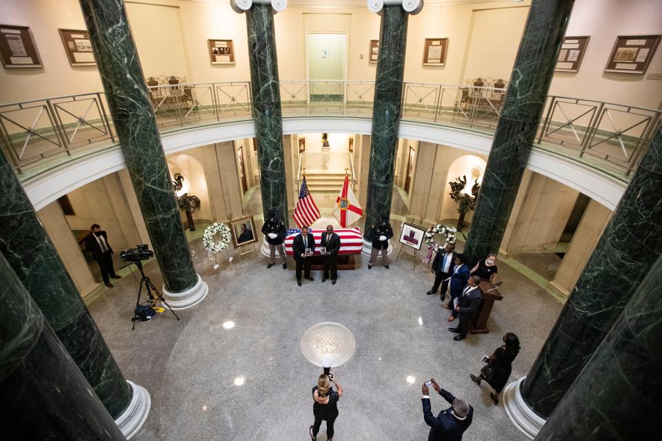 People pay their respects for former Florida Supreme Court Justice Joseph W. Hatchett as he lies in state Friday, May 6, 2021.