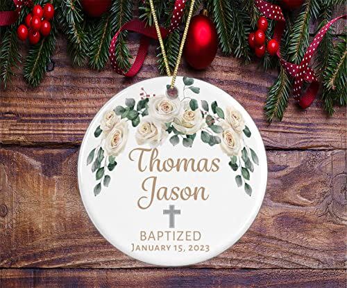 18) Baptism Christmas Ornament, Personalized Baptism or Christening Ornament, Gift for First Communion, Baby Dedication Ornament (White Roses, Ceramic)