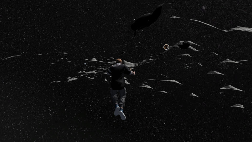 a rendered image of a man floating in dark space, near the rocky, gray chunks of an asteroid.