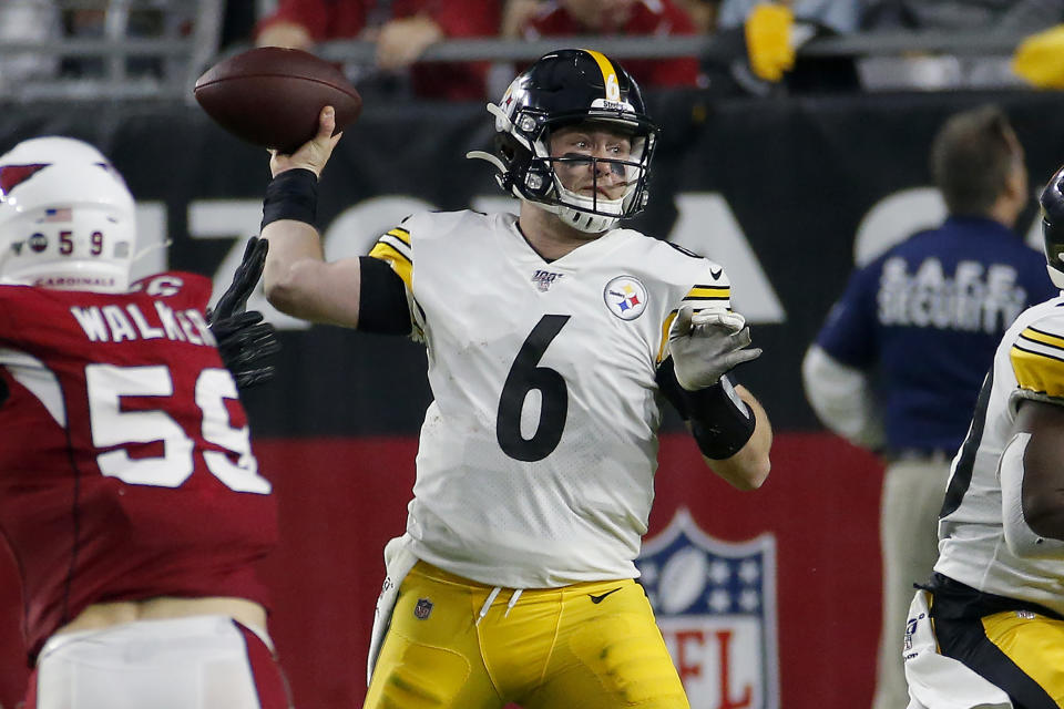 Pittsburgh Steelers quarterback Devlin Hodges (6) throws against the Arizona Cardinals during the second half of an NFL football game, Sunday, Dec. 8, 2019, in Glendale, Ariz. (AP Photo/Rick Scuteri)