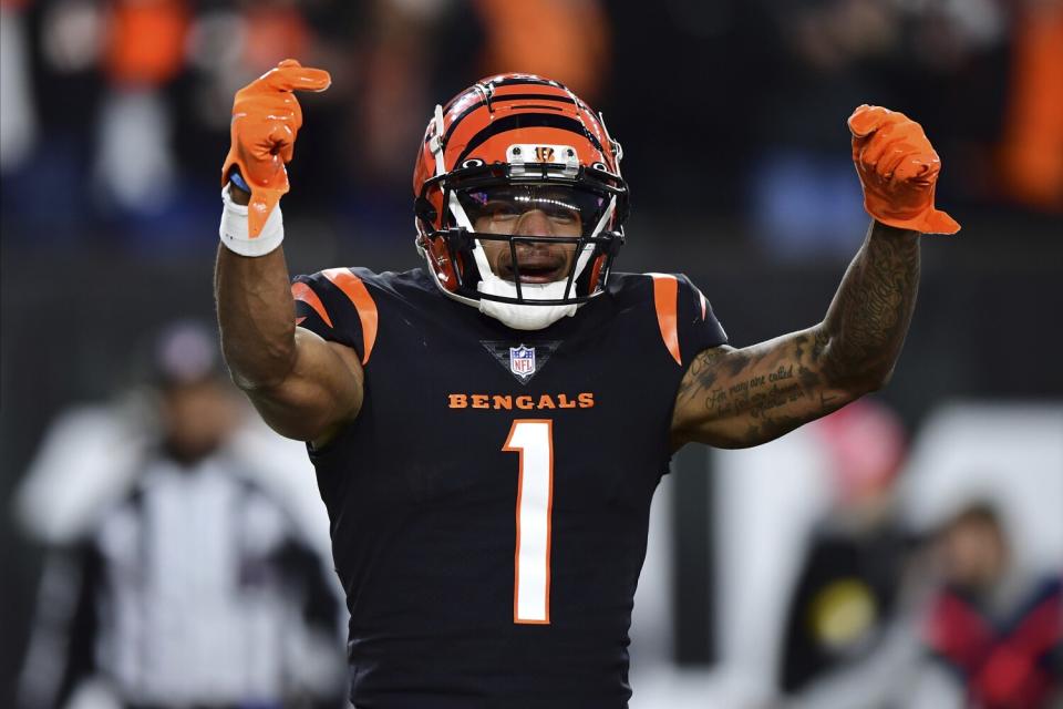 Bengals rookie receiver Ja'Marr Chase celebrates.