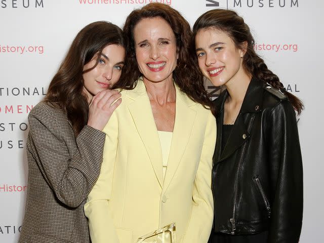 <p>Rachel Murray/Getty </p> Rainey Qualley, Andie MacDowell and Margaret Qualley in 2020