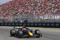 Red Bull driver Max Verstappen of the Netherlands steers his car during the Italy's Emilia Romagna Formula One Grand Prix race at the Dino and Enzo Ferrari racetrack in Imola, Italy, Sunday, May 19, 2024. (AP Photo/Antonio Calanni)