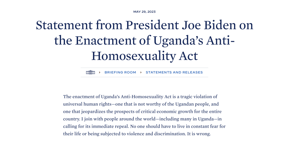President Biden's statement on the passage of Uganda's Anti-Homosexuality Act