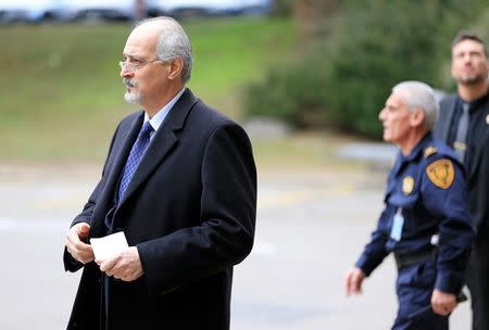 Syrian Ambassador to the U.N. Bashar al Jaafari addresses the media outside of the United Nations office in Geneva, Switzerland, February 24, 2017. REUTERS/Pierre Albouy