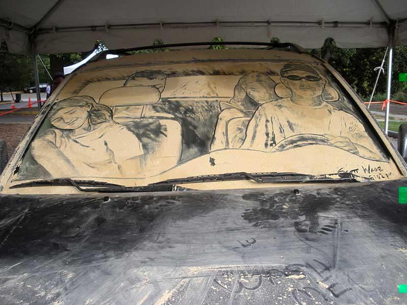 "The Atlanta Arts Festival was a lot of fun. I did an unusual piece suggested to me by my collegue, John McDavitt, featuring a family on vacation in their car, as seen from all sides. A family we're friends with kindly posed for the reference photos - Thanks Rick, Heather Austin & Haley!. This is the first time I've worked on a windshield. My back still hurts to think about it. "