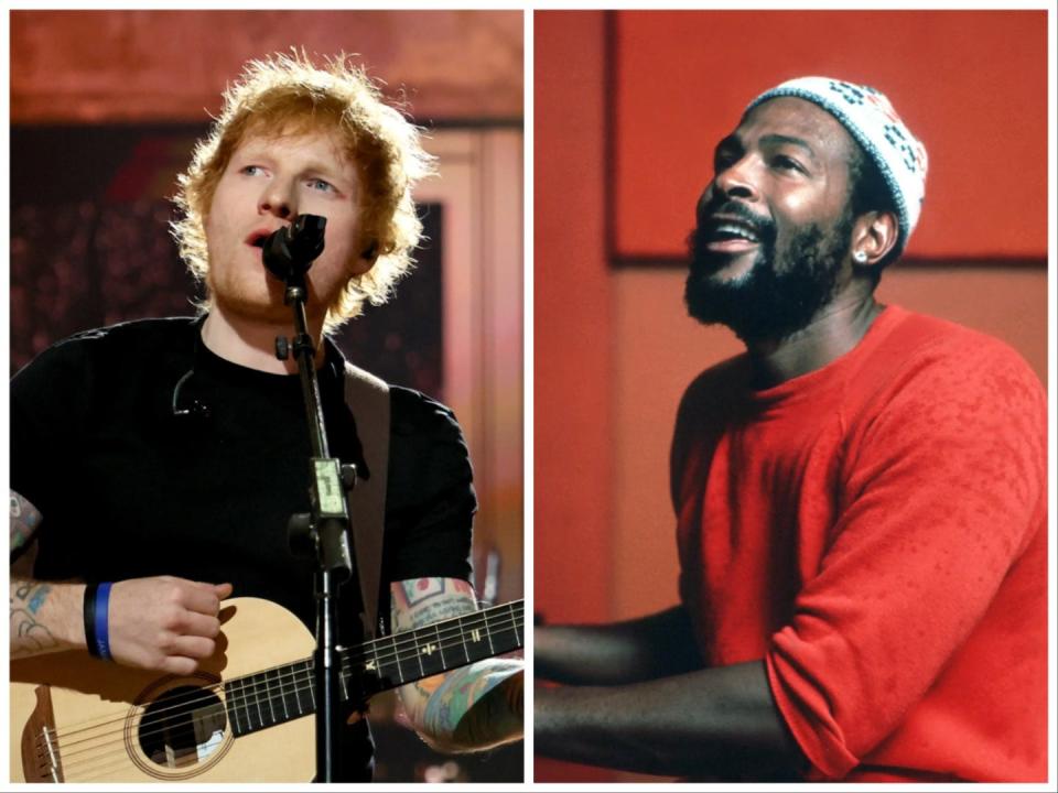 A side-by-side image of Ed Sheeran singing into a microphone while playing an acoustic guitar and Marvin Gaye singing while wearing a red shirt with the sleeves rolled up.