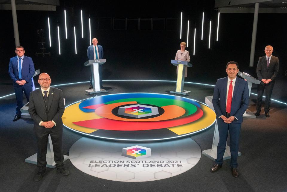 <p>(L-R clockwise) Presenter Glenn Campbell, Nicola Sturgeon, Willie Rennie, Anas Sarwar, Patrick Harvie, and Douglas Ross</p> (Getty)