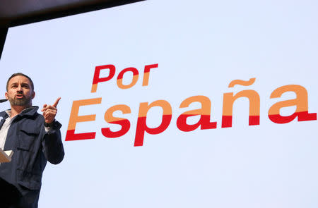 FILE PHOTO: Santiago Abascal, leader and presidential candidate of Spain's far-right party VOX, speaks at a rally in Toledo, Spain, April 11, 2019. REUTERS/Sergio Perez/File Photo