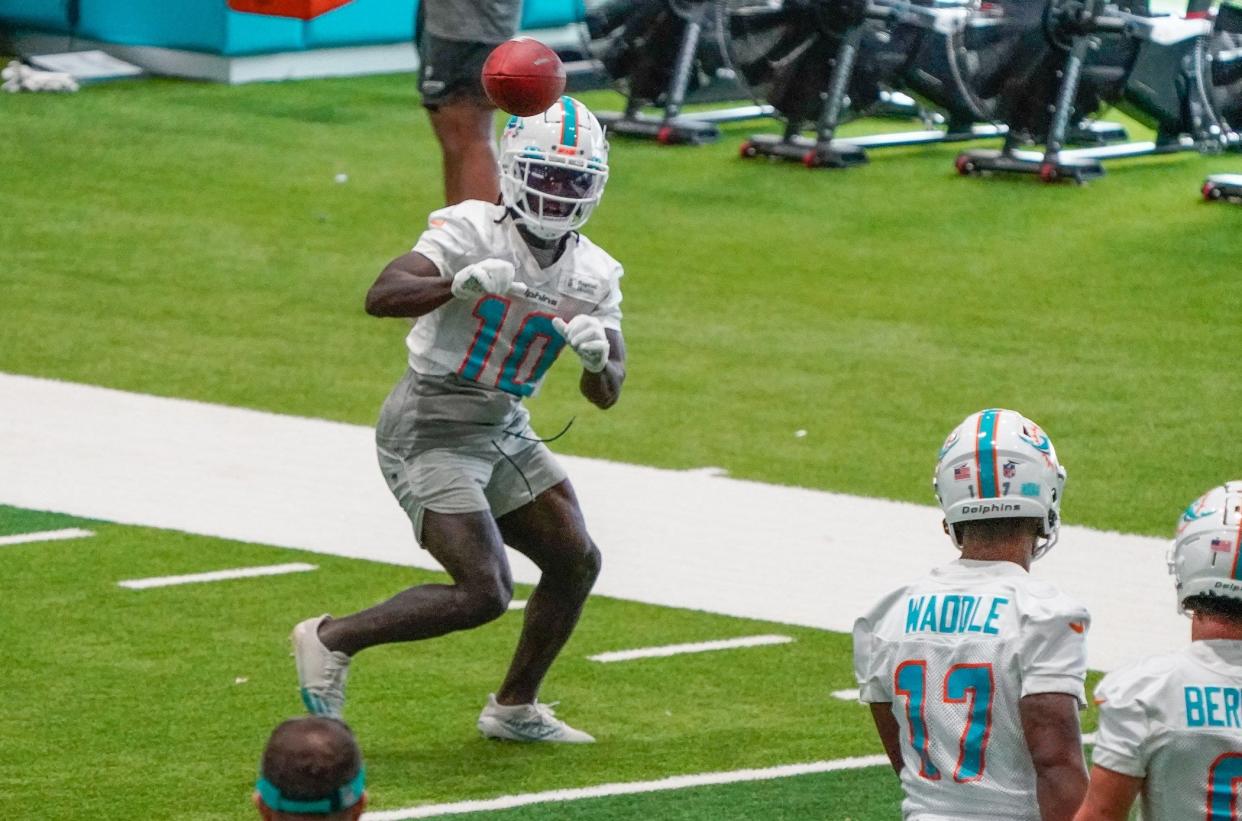 Miami Dolphins wide receiver Tyreek Hill participates in training camp on July 28 at Baptist Health Training Complex in Miami Gardens.