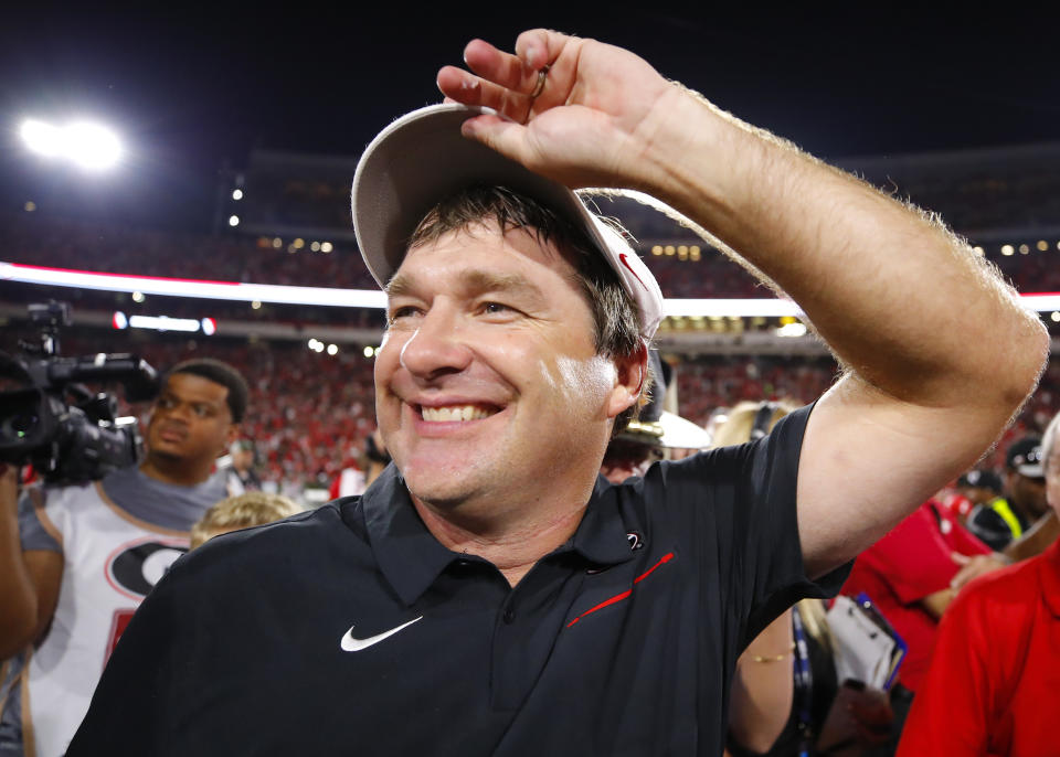 ATHENS, GA - SEPTEMBER 21: Georgia Bulldogs head coach Kirby Smart reacts at the conclusion of the Notre Dame Fighting Irish v Georgia Bulldogs game on September 21, 2019 at Sanford Stadium in Athens, GA.(Photo by Todd Kirkland/Icon Sportswire via Getty Images)