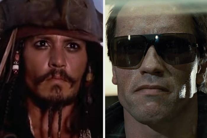 Captain Jack Sparrow in "Pirates of the Carribean: The Curse of the Black Pearl"/The Terminator in a police station in "The Terminator"