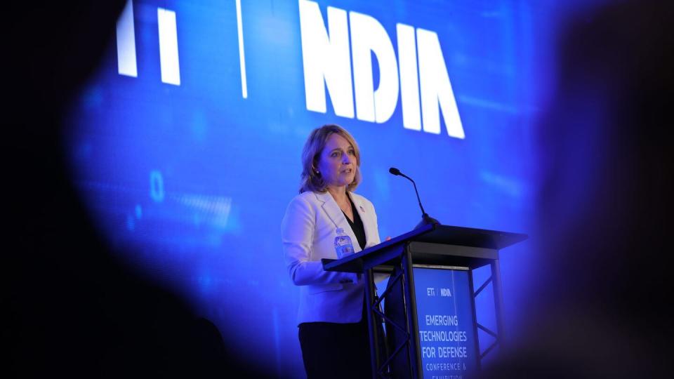 Deputy Defense Secretary Kathleen Hicks speaks at a National Defense Industrial Association conference, where she announced the Replicator initiative, on Aug. 28, 2023. (Courtesy of the National Defense Industrial Association/Event Photography of North America Corp.)