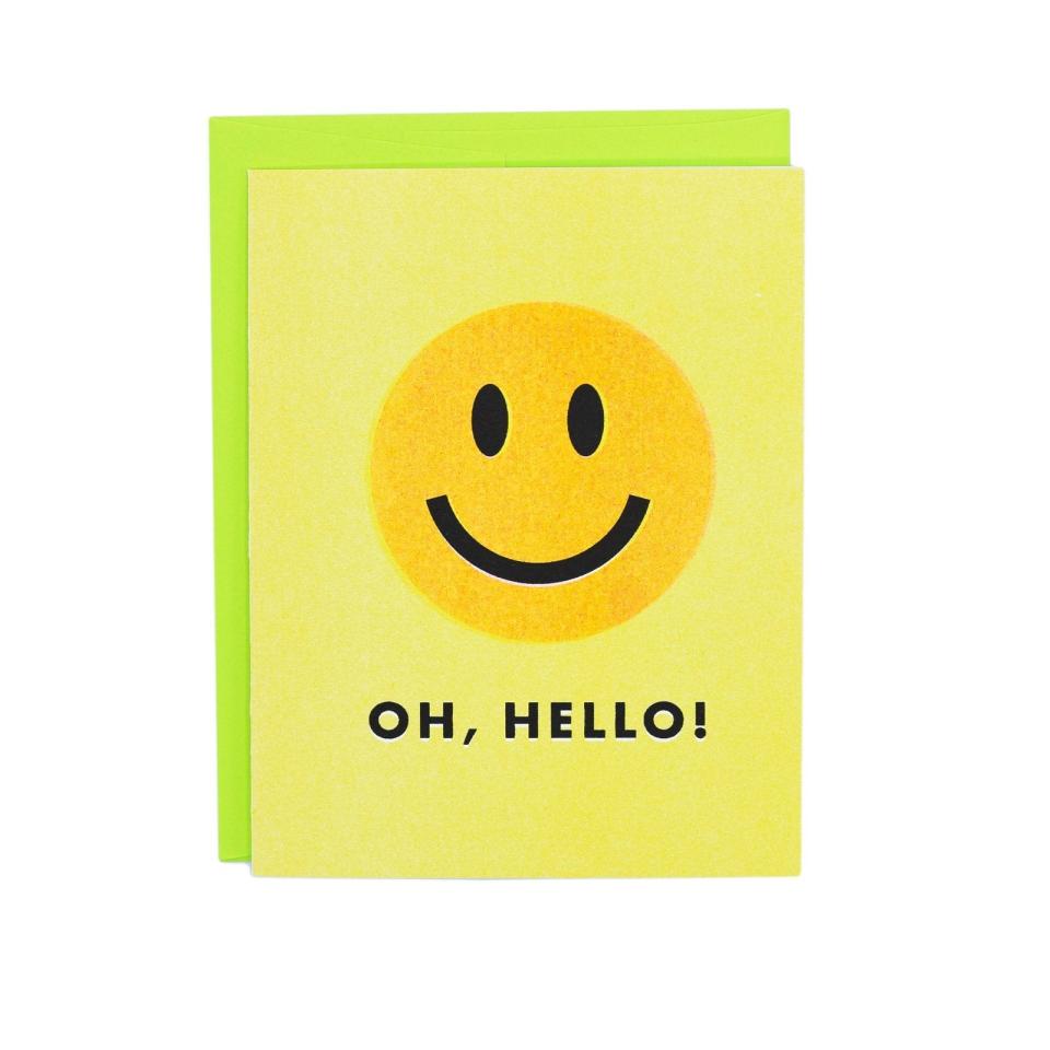 <p><a href="https://www.nextchapterstudio.com/collections/cards/products/oh-hello-smiley-face-card-risograph-greeting-card" rel="nofollow noopener" target="_blank" data-ylk="slk:Shop Now;elm:context_link;itc:0;sec:content-canvas" class="link ">Shop Now</a></p><p>Smiley Face Greeting Card</p><p>nextchapterstudio.com</p><p>$5.50</p>