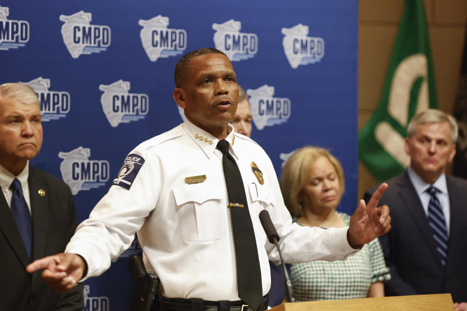 FILE - Charlotte-Mecklenburg Police Chief Johnny Jennings speaks at a press conference in Charlotte, N.C., Tuesday, April 30, 2024, regarding a shooting that killed four officers during an attempt to serve a warrant on April 29. (AP Photo/Nell Redmond, File)