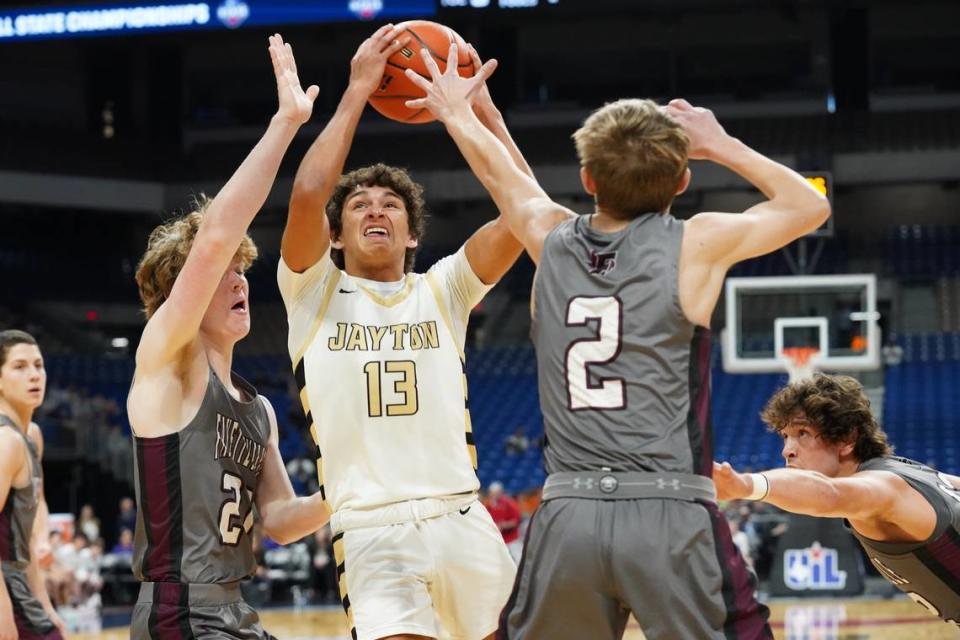 Jayton’s Sean Stanaland goes up for two of his game-high 32 points against Fayetteville in a Class 1A state semifinal on Thursday, March 7, 2024 at the Alamodome in San Antonio, Texas. Jayton defeated Fayetteville 65-26. University Interscholastic League