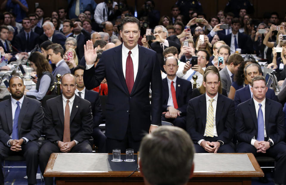 Former FBI Director James Comey is sworn in during a Senate Intelligence Committee hearing on Capitol Hill on June 8, 2017, in Washington. (Photo: Alex Brandon, Pool/AP)