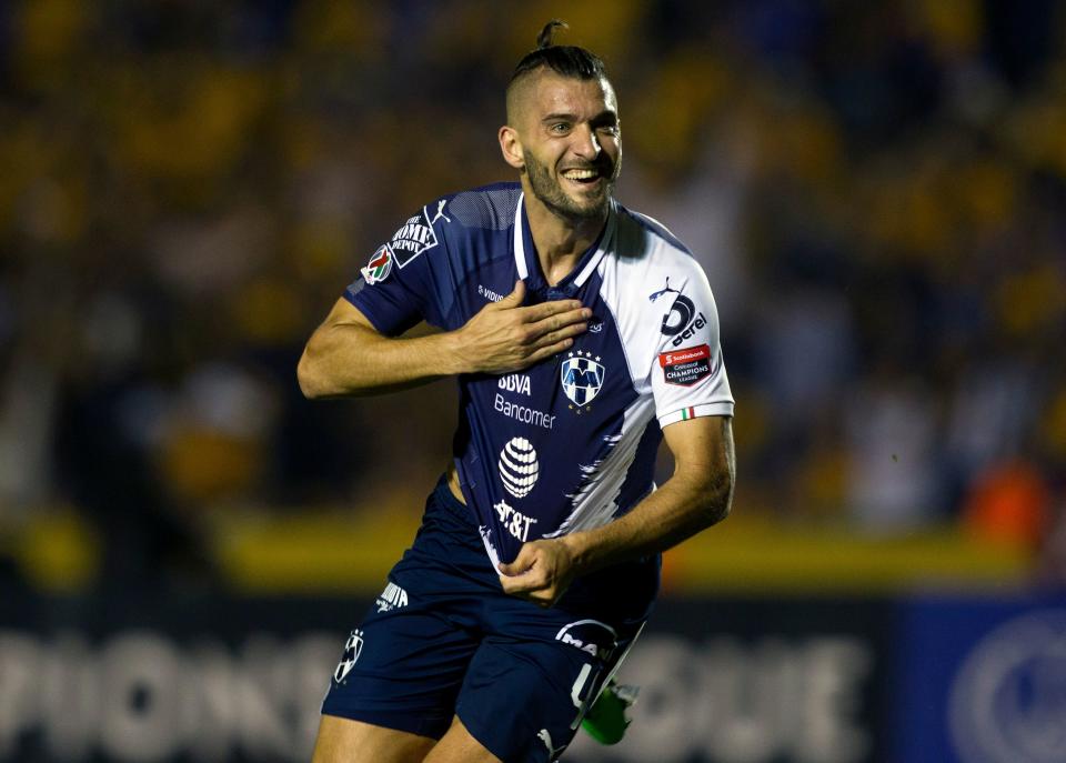 Nicolas Sanchez of Mexico's Monterrey celebrates after scoring against Mexico's Tigres during the Concacaf Champions League first leg final football match at Universitario stadium in Monterrey, Mexico, on April 23, 2019. (Photo by Julio Cesar AGUILAR / AFP)        (Photo credit should read JULIO CESAR AGUILAR/AFP/Getty Images)