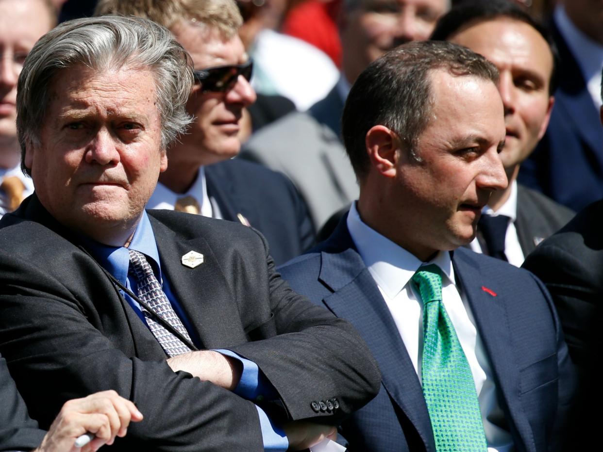 Then-White House Chief Strategist Stephen Bannon and then-Chief of Staff Reince Priebus (R) in Washington on June 1, 2017. Two months later, both have lost those jobs: REUTERS/Joshua Roberts