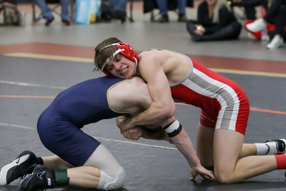 Brock Jandasek was one of four Bedford champions in the Southeastern Converence Tournament Saturday. Here he looks for an opening during a 6-4 win in the finals against Lucas Racine of Chelsea.