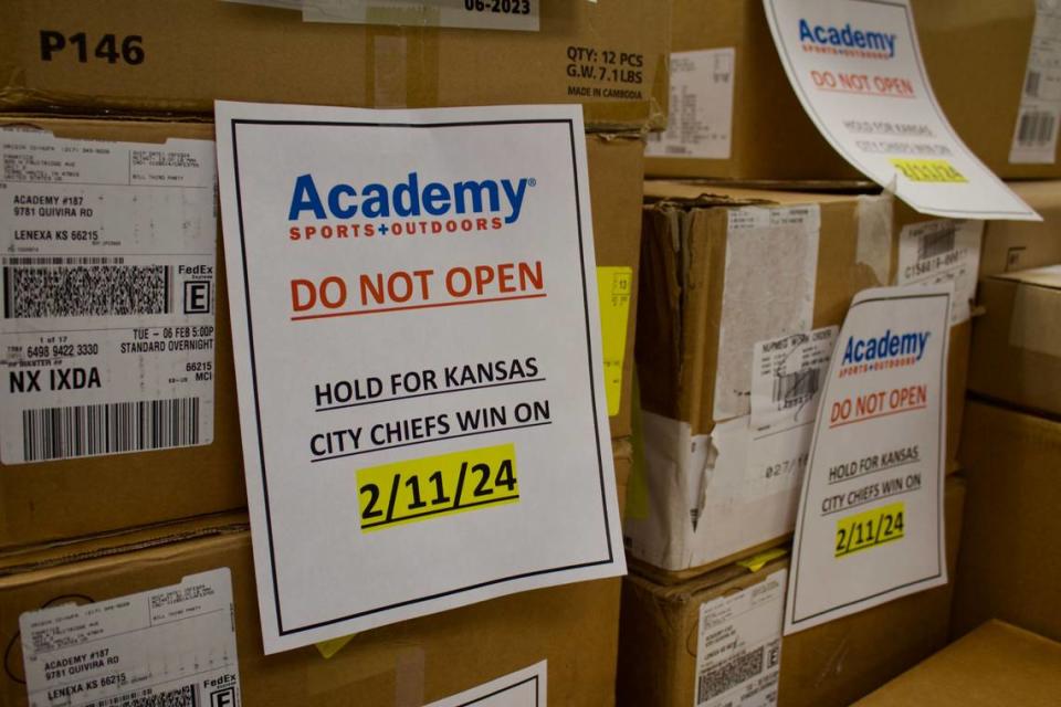 Kansas City area Academy Sports + Outdoors locations received shipments of merchandise for a potential Chiefs Super Bowl victory.