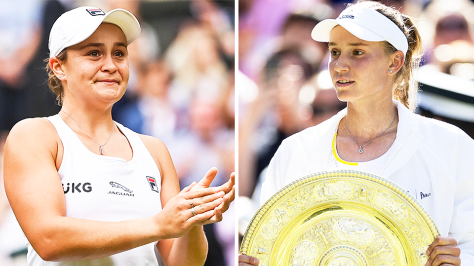 Ash Barty (pictured left) applauds after winning Wimbledon and (pictured right) Elena Rybakina holding the Wimbledon trophy.