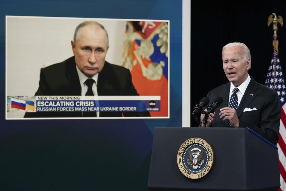 WASHINGTON, DC - JUNE 22: An image of Russian President Vladimir Putin is displayed as U.S. President Joe Biden speaks about gas prices in the South Court Auditorium at the White House campus on June 22, 2022 in Washington, DC. Biden called on Congress to temporarily suspend the federal gas tax. (Photo by Drew Angerer/Getty Images)