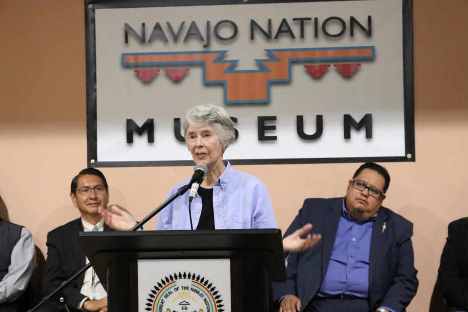 A copy of the treaty that federal officials and Navajo leaders signed on June 1, 1868, going on display May 31, was donated by Clare "Kitty" Weaver, great-grandniece of Commissioner Samuel F. Tappan. She is seen in this file photo speaking at a press conference on May 29, 2019 at the Navajo Nation Museum in Window Rock, Arizona.
