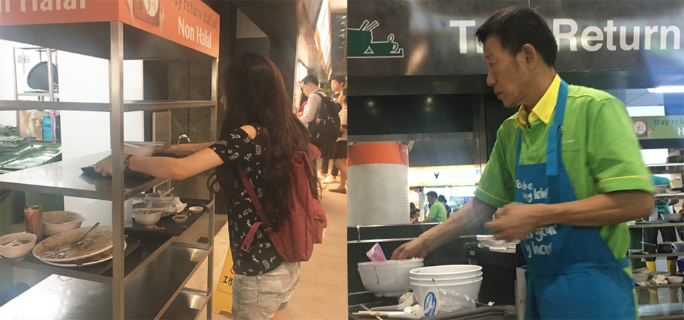 While some patrons were spotted returning their trays (left), cleaners were also spotted doing the same. (Photos: Gabriel Choo / Yahoo Lifestyle Singapore)