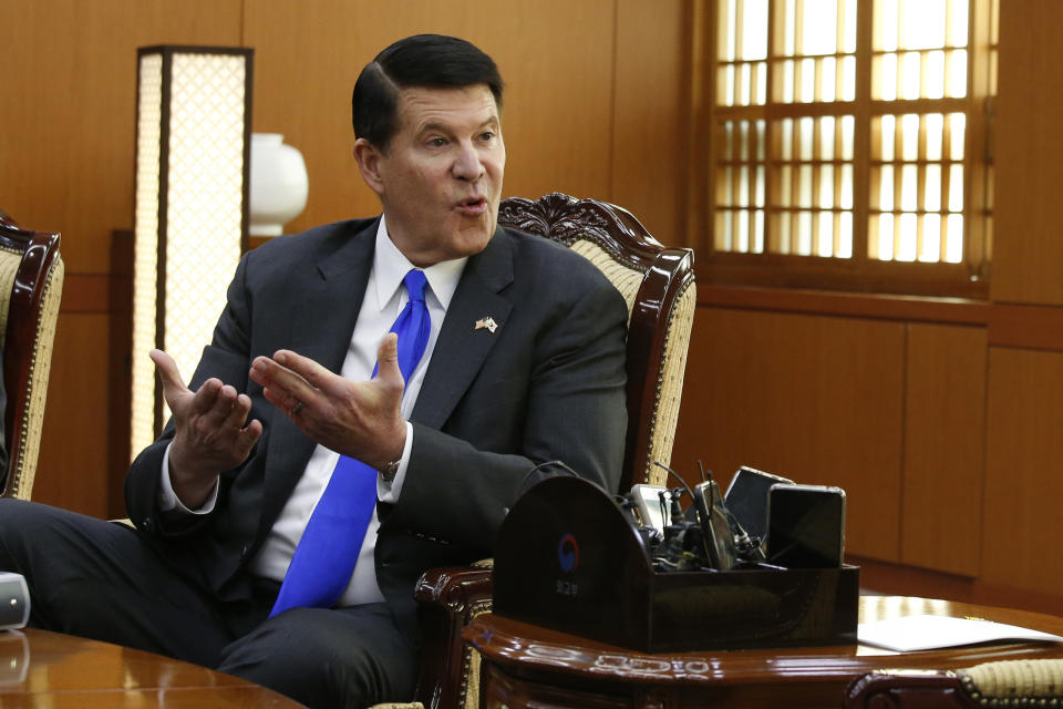 FILE - In this Nov. 6, 2019, file photo, U.S. Undersecretary of State Keith Krach talks with South Korea's Foreign Minister Kang Kyung-wha during their meeting at the Foreign Ministry in Seoul, South Korea. Krach is due to arrive in Taiwan on Thursday afternoon, Sept. 17, 2020 to begin a three-day visit that has already drawn a warning from China. (Heo Ran/Pool Photo via AP, File)
