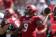 Indiana quarterback Michael Penix Jr. (9) throws during the first half of an NCAA college football game against Cincinnati, Saturday, Sept. 18, 2021, in Bloomington, Ind. (AP Photo/Darron Cummings)