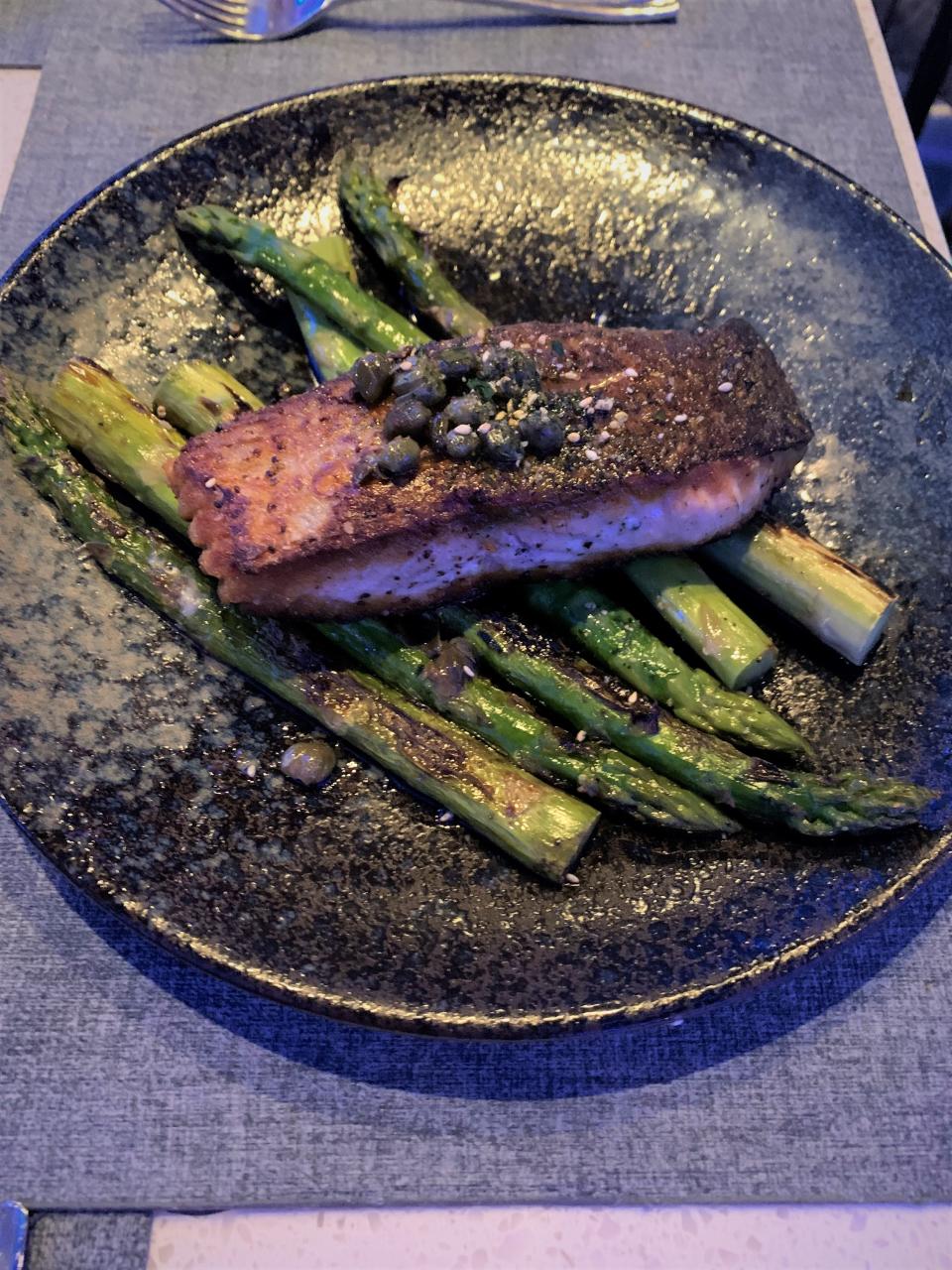 The salmon with brown butter and fried capers at Kyle G's Oyster & Wine Bar had a wonderful crust and was tender, moist and flavorful.