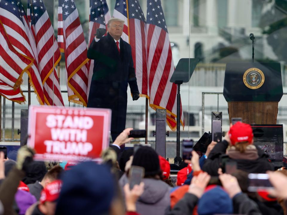 Then-US President Donald Trump greets the crowd at the "Stop The Steal" Rally on January 6, 2021 in Washington, DC.