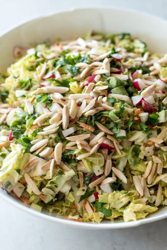 <p>Mountain Mama Cooks</p><p>Made with Napa cabbage, radishes, cilantro and an Asian-inspired dressing. </p><p><strong>Get the recipe:</strong> <a href="https://mountainmamacooks.com/crunchy-napa-slaw/" rel="nofollow noopener" target="_blank" data-ylk="slk:Crunchy Napa Slaw;elm:context_link;itc:0;sec:content-canvas" class="link ">Crunchy Napa Slaw</a></p>