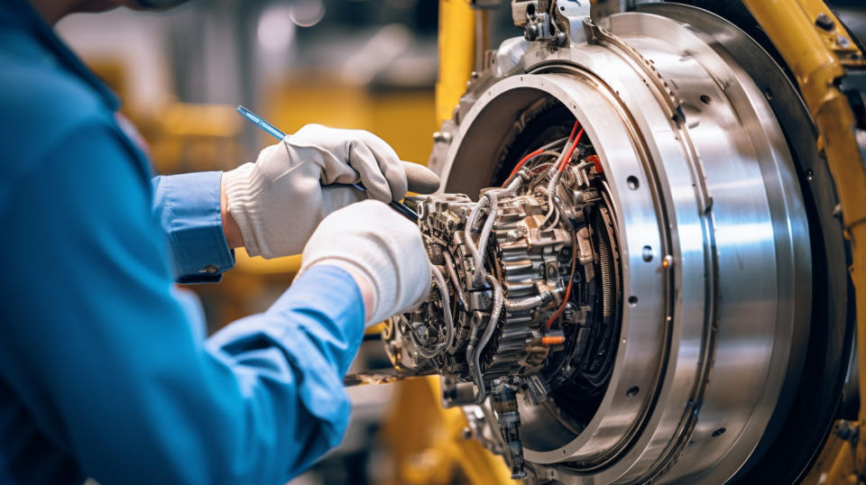 A close-up of a technician's hands assembling parts for a commercial aircraft.