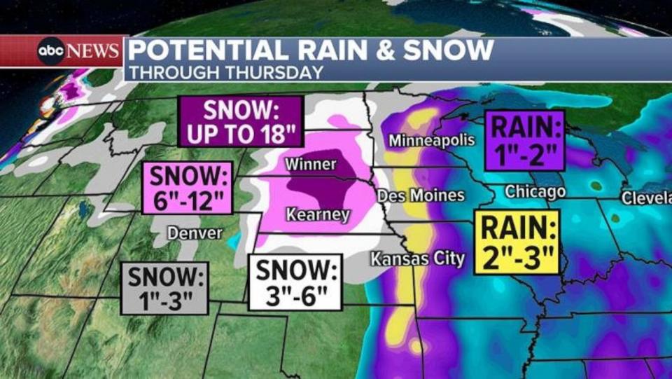 PHOTO: In eastern Nebraska, for the Omaha area, total snow and sleet accumulations between 2 and 9 inches and ice accumulations around a light glaze possible. Winds could gust as high as 45 mph. (ABC News)