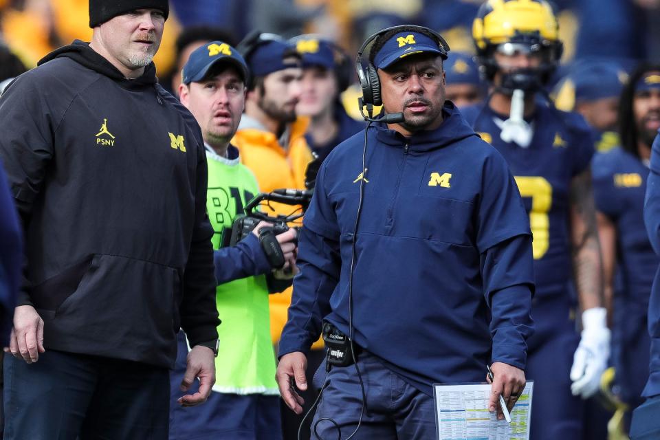 Michigan running backs coach Mike Hart watches a play against Ohio State during the first half at Michigan Stadium in Ann Arbor on Saturday, Nov. 25, 2023.