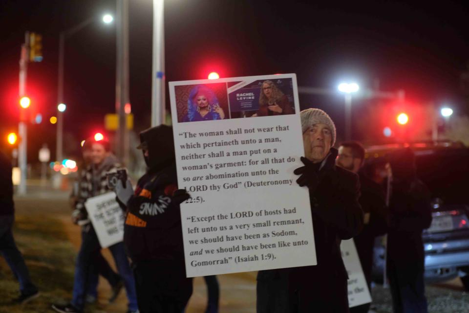 A handful of protesters turned out Tuesday outside of the Globe-News Center for the Performing Arts in downtown Amarillo to oppose a Christmas drag show event.