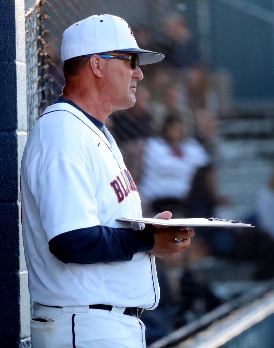 Blackman's head baseball coach Barry Vetter in the in the dugout during a Dist 7-4A baseball tournament game against Oakland at Siegel on Wednesday, May 3, 2023. 