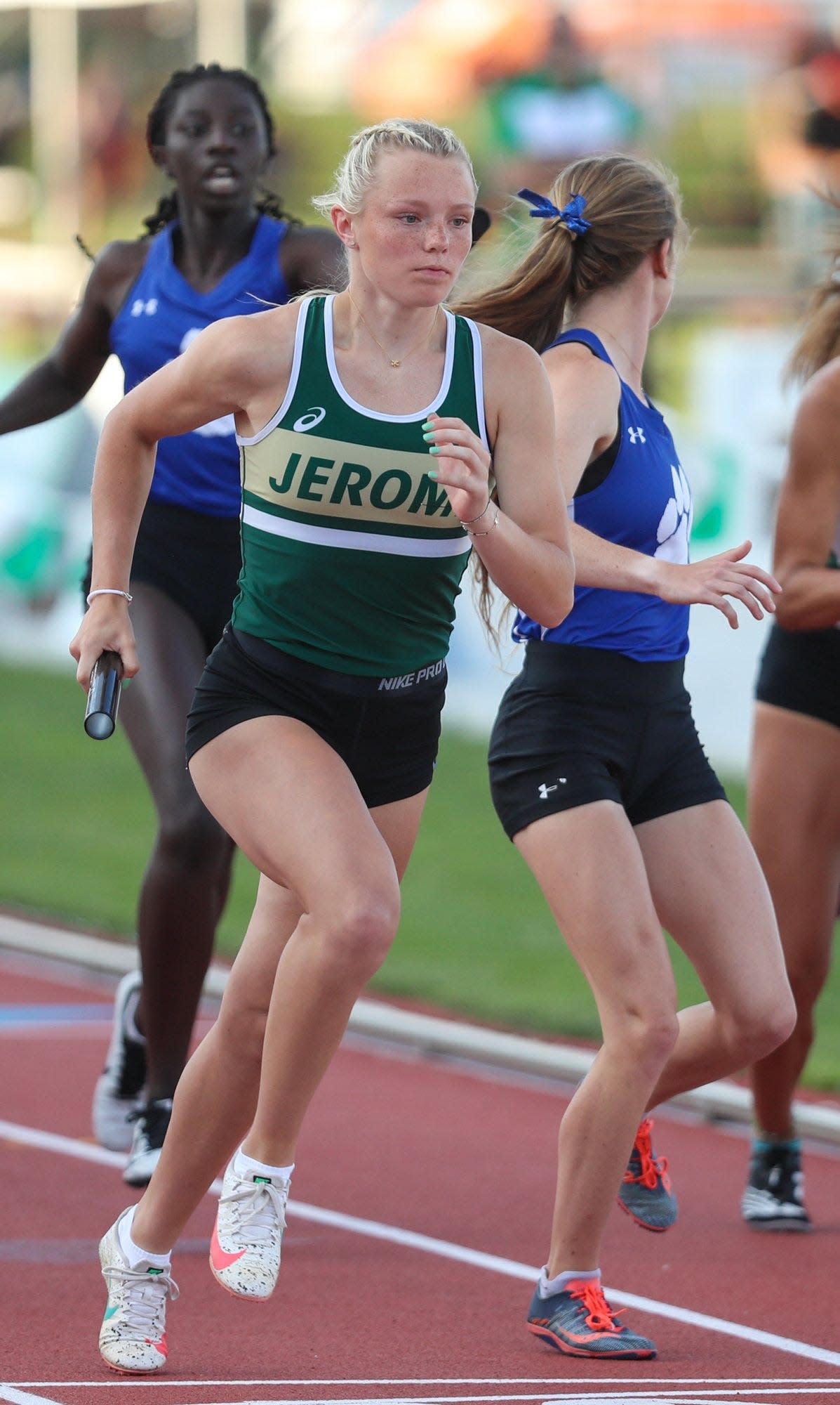 Jerome's Raegan Ernst competes in the 1,600-meter relay during the Division I state meet. She helped the Celtics finish fifth in the event and placed fourth in the 300 hurdles.